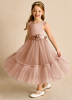 Azazie Miracle Flower Girl Dresses Champagne Rose A-Line Bow Matte Satin Dress image4