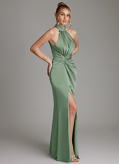 Azazie Gracelynn Bridesmaid Dresses Matcha Sheath Pleated Stretch Satin Dress image7