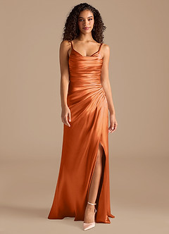 Azazie Deandra Bridesmaid Dresses Burnt Orange Mermaid Pleated Metallic Satin Dress image4