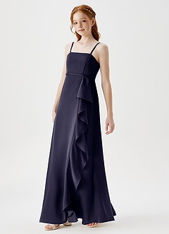 Azazie Kaylee Junior Robe Trapèze en Satin extensible avec ceinture Bleu Orageux image4