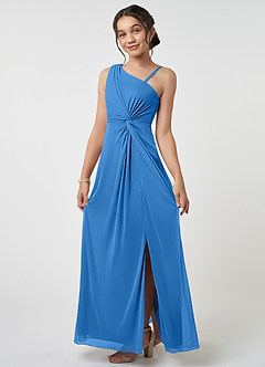 Azazie Brooke Junior Robe Trapèze en Maille Plissée Geai Bleu image3