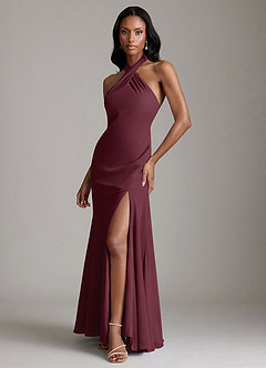 Azazie Lorena Vestidos de damas de honor Vestido de Cabernet de Gasa de Corte Sirena con Plisado image4