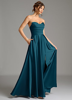 Azazie Ayla Bridesmaid Dresses Ink Blue A-Line Corset Stretch Satin Dress image6