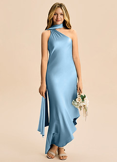 Azazie Briony Junior Etui Plissee Stretch-Satin Kleid Stahlblau image5