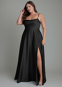 Azazie Elle Bridesmaid Dresses Black A-Line Pleated Stretch Satin Dress image12