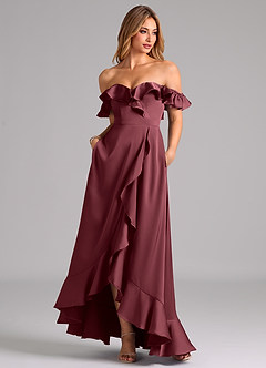 Azazie Lyra Brautjungfernkleider Wandelbar A-Linie Schulterfrei Stretch-Satin Kleid Merlot image3