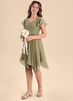 Azazie Janeaurelia Junior Abito A-Line in Chiffon Plissettato Verde Muschio image1