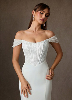 Azazie Yamelle Wedding Dresses Diamond White Mermaid Off the Shoulder Satin Dress image2