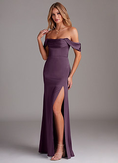 Azazie Saige Bridesmaid Dresses Plum Sheath Off the Shoulder Stretch Satin Dress image5