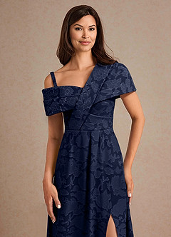 Azazie Milton Mother of the Bride Dresses Dark Navy A-Line Pleated Floral Burnout Dress image7