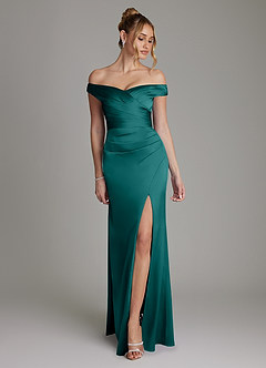 Azazie Teyana Bridesmaid Dresses Peacock Sheath Off the Shoulder Stretch Satin Dress image1