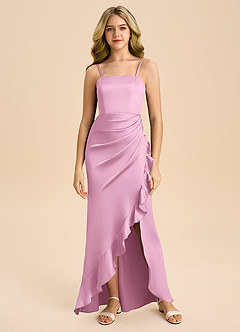 Azazie Buzzy Junior Candy Pink Sheath Pleated Stretch Satin Dress image3