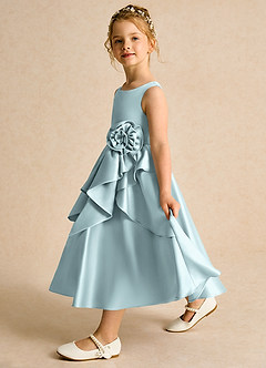 Azazie Hermia Blumenmädchenkleider A-Linie ärmellos Matte Satin Kleid Nebel image4
