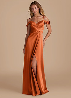 Azazie Ocean Abiti da Damigella Abito A-Line in Raso Metallizzato a Spalla Scoperta Arancia Bruciata image3