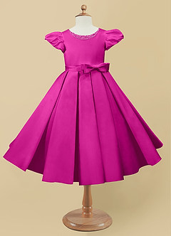 Azazie Jewel Flower Girl Dresses Fuchsia Ball-Gown Pleated Matte Satin Dress image4