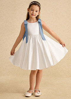 Azazie Stacie Jurken voor bloemenmeisjes A-Lijn Jurk van Mat Satijn Boog Ivoor Stoffig Blauw image1