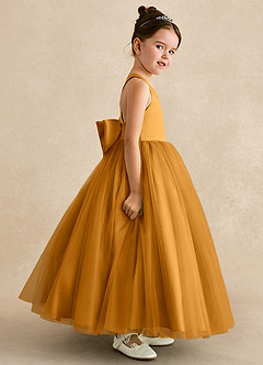 Azazie Peanut Robe Demoiselle D'honneur Fillette Robe Trapèze en Tulle Bretelle Caramel écossais image3