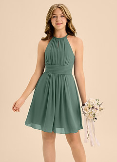 Azazie Bonnie Junior Sea Moss A-Line Pleated Chiffon Dress image3