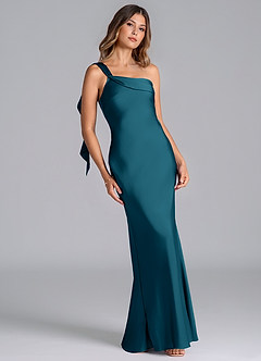 Azazie Driea Bridesmaid Dresses Ink Blue Mermaid One Shoulder Stretch Satin Dress image1