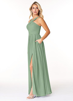 Azazie Elvira Abiti da Damigella Abito A-Line in Chiffon Plissettato Matcha image3