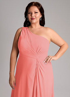 Azazie Brooke Bridesmaid Dresses Coral A-Line One Shoulder Chiffon Dress image13