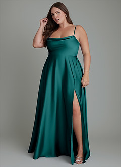 Azazie Elle Bridesmaid Dresses Peacock A-Line Pleated Stretch Satin Dress image12