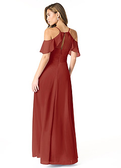 Azazie Dakota Vestidos de damas de honor Vestido de Terracota de Gasa de Corte en A con Cuello en V plisado image3