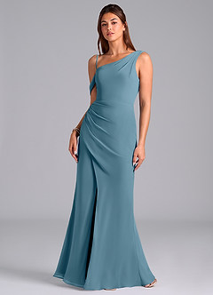 Azazie Madelyn Brautjungfernkleider Wandelbar Meerjungfrau-Linie One-Shoulder Chiffon Kleid Bermudablau image4