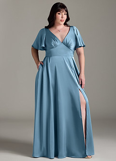 Azazie Kimber Bridesmaid Dresses Steel Blue A-Line Ruched Stretch Satin Dress image9