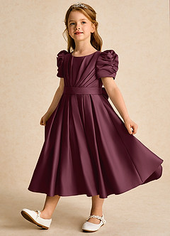 Azazie Miriam Flower Girl Dresses Cabernet Ball-Gown Pleated Matte Satin Dress image3