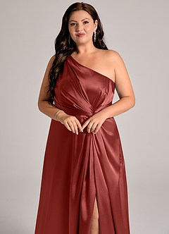 Azazie Brooke Bridesmaid Dresses Terracotta A-Line One Shoulder Metallic Satin Dress image13