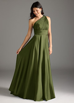 Azazie Charlize Robes de demoiselle d'honneur Robe Trapèze en Satin extensible Asymétrique Olive image10