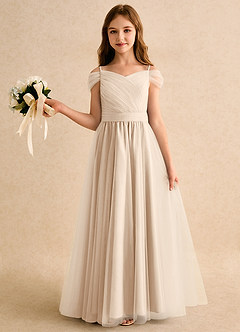 Azazie Yuna Girls Formal Abiti da Ragazza di Fiori Abito A-Line in Tulle Spalle Scoperte Alabastro Bianco image3