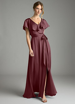 Azazie Lainey Bridesmaid Dresses Sangria A-Line with Pockets Stretch Satin Dress image1