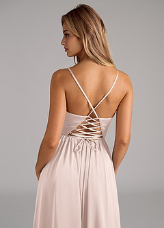 Azazie Aaida Bridesmaid Dresses Blushing Pink A-Line Corset Stretch Satin Dress image2