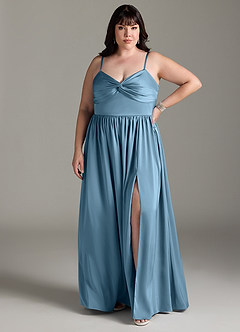 Azazie Zeya Bridesmaid Dresses Steel Blue A-Line Pleated Stretch Satin Dress image9