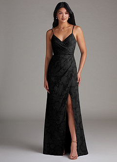 Azazie Maci Bridesmaid Dresses Black Sheath Pleated Floral Burnout Dress image4