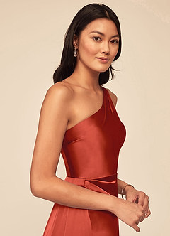 Azazie Maron Bridesmaid Dresses Rust A-Line One Shoulder Stretch Satin Dress image5