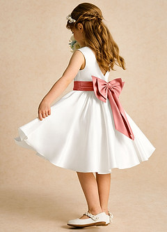 Azazie Sosie Flower Girl Dresses Ivory Salmon Pink A-Line Pleated Matte Satin Dress image4