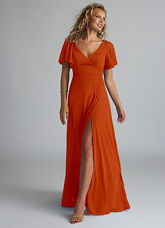 Azazie Induh Bridesmaid Dresses Paprika A-Line Flutter V-neck Mesh Dress image1
