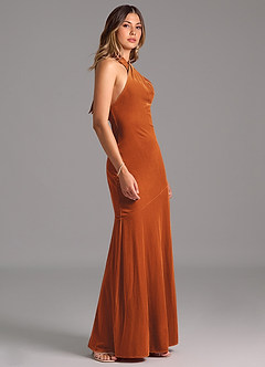 Azazie Drita Bridesmaid Dresses Burnt Orange A-Line Pleated Velvet Dress image3