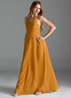 Azazie Tessie Junior A-Linie Plissee Chiffon Kleid Butterscotch image3