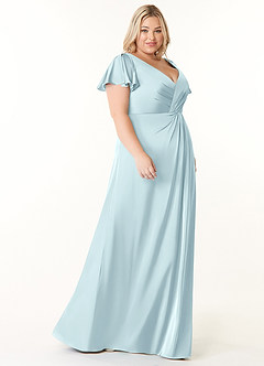 Azazie Soren Bridesmaid Dresses Cloud Blue A-Line Pleated Stretch Satin Dress image3