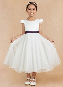 Azazie Hemi Flower Girl Dresses Ivory Plum A-Line Bow Tulle Dress image3