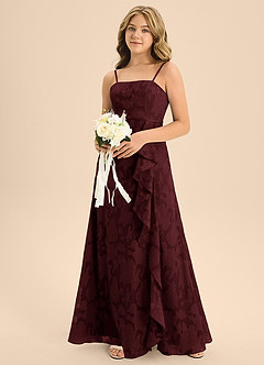 Azazie Kaylee Junior Cabernet A-Line with Belt Floral Burnout Dress image6