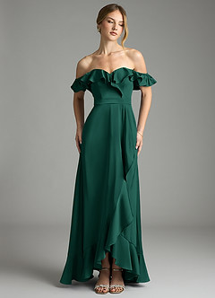Azazie Lyra Bridesmaid Dresses Emerald A-Line Off the Shoulder Stretch Satin Convertible Dress image1