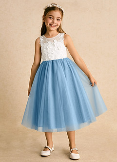 Azazie Lina Flower Girl Dresses Ivory Steel Blue Ball-Gown Lace Dress image2