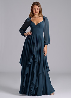 Azazie Karan Abiti da Damigella Abito A-Line in Chiffon Maniche Lunghe Marino Scuro image3