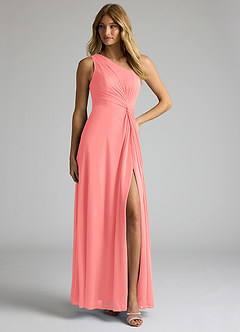 Azazie Brooke Bridesmaid Dresses Coral A-Line One Shoulder Mesh Dress image3