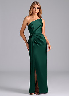 Azazie Naria Venta Final Vestido de Esmeralda de Satén Elástico de Corte Recto con Hombro unilateral image5